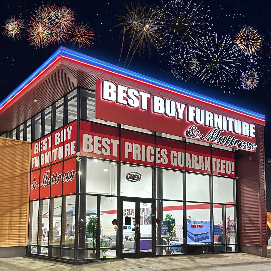 Best Buy Furniture's flagship store in Philadelphia, lit up at night